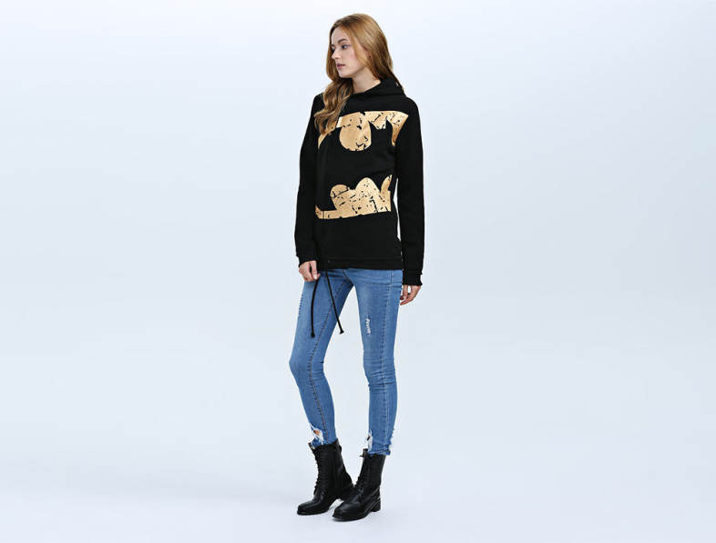 Fashion Hooded Long Sleeve Print Drawstring Zipper Type Women Coat