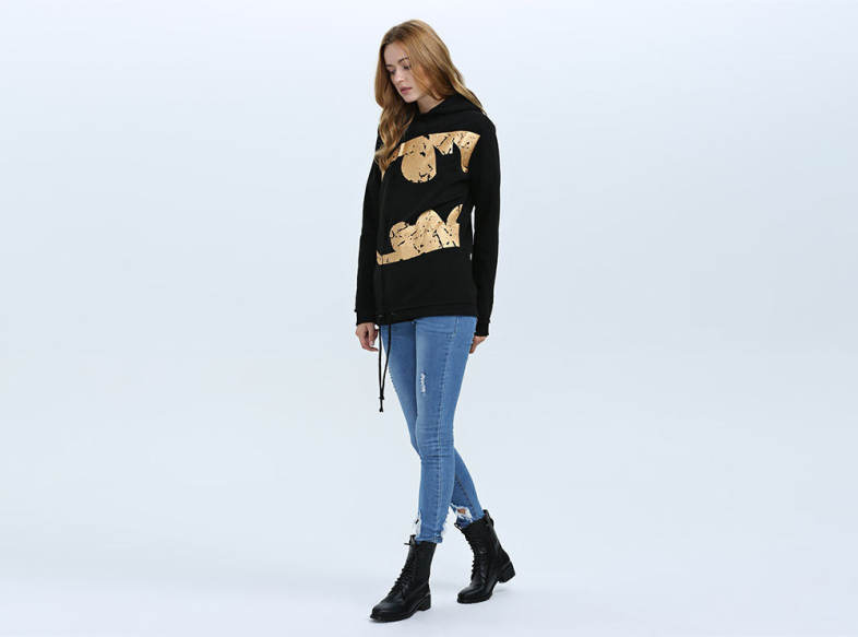 Fashion Hooded Long Sleeve Print Drawstring Zipper Type Women Coat