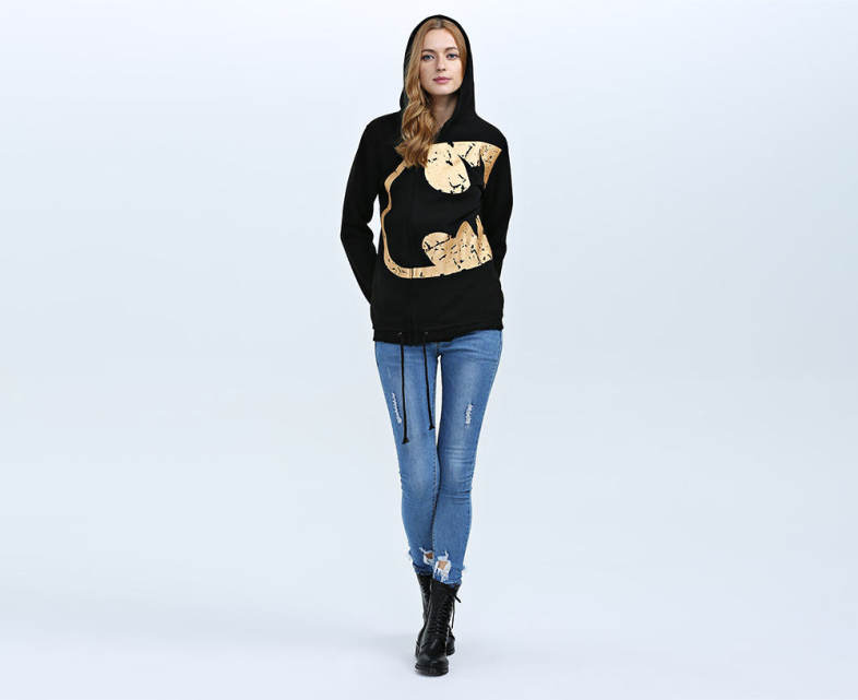Fashion Hooded Long Sleeve Print Drawstring Zipper Type Women Coat