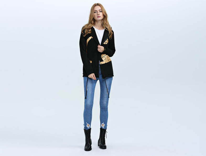 Fashion Hooded Long Sleeve Print Drawstring Zipper Type Women Coat