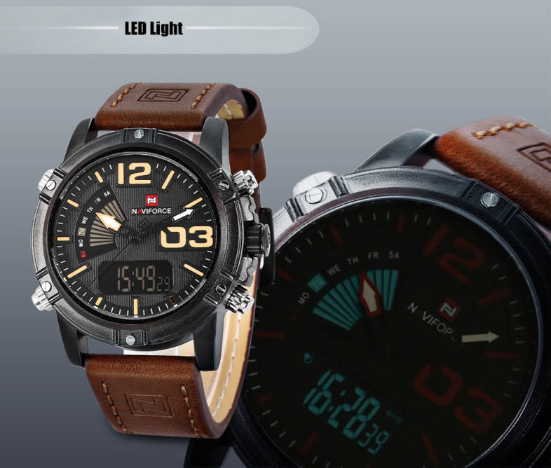 NAVIFORCE NF9095M Men Dual Movt Watch Luminous Calendar LED Light 3ATM Wristwatch