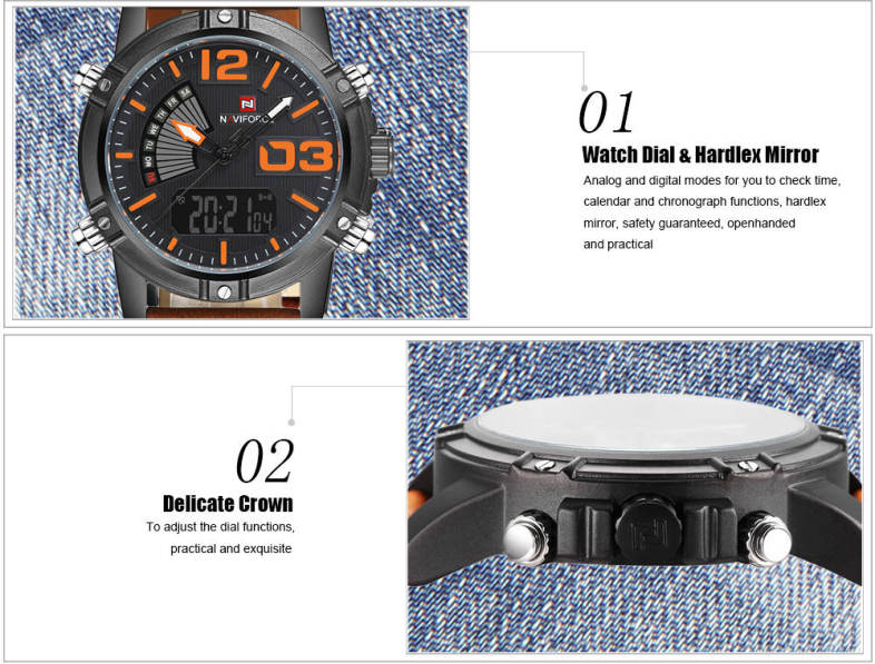 NAVIFORCE NF9095M Men Dual Movt Watch Luminous Calendar LED Light 3ATM Wristwatch