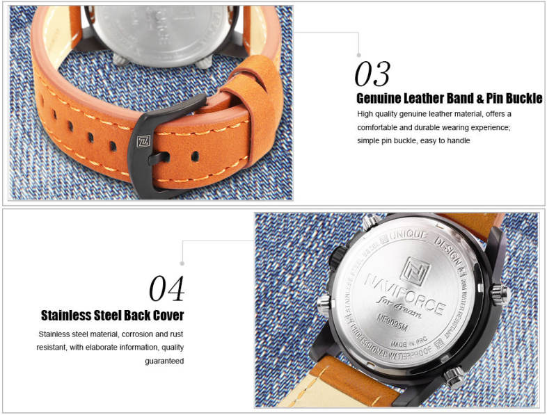 NAVIFORCE NF9095M Men Dual Movt Watch Luminous Calendar LED Light 3ATM Wristwatch