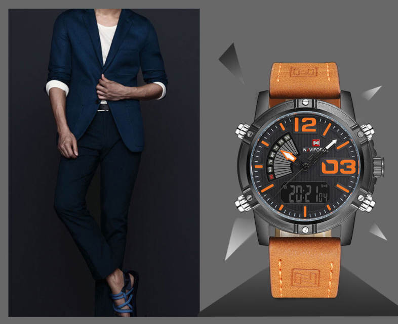 NAVIFORCE NF9095M Men Dual Movt Watch Luminous Calendar LED Light 3ATM Wristwatch