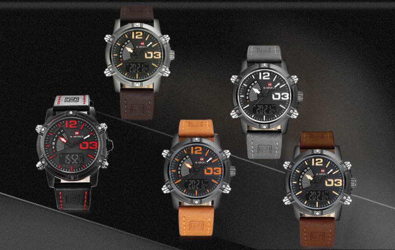 NAVIFORCE NF9095M Men Dual Movt Watch Luminous Calendar LED Light 3ATM Wristwatch
