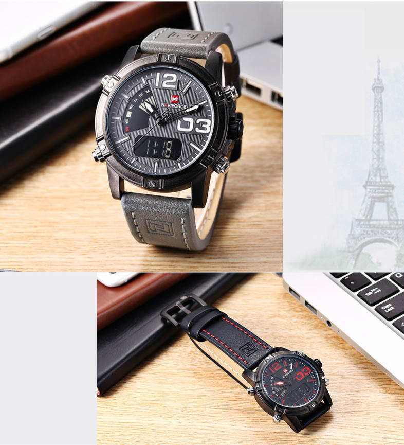 NAVIFORCE NF9095M Men Dual Movt Watch Luminous Calendar LED Light 3ATM Wristwatch