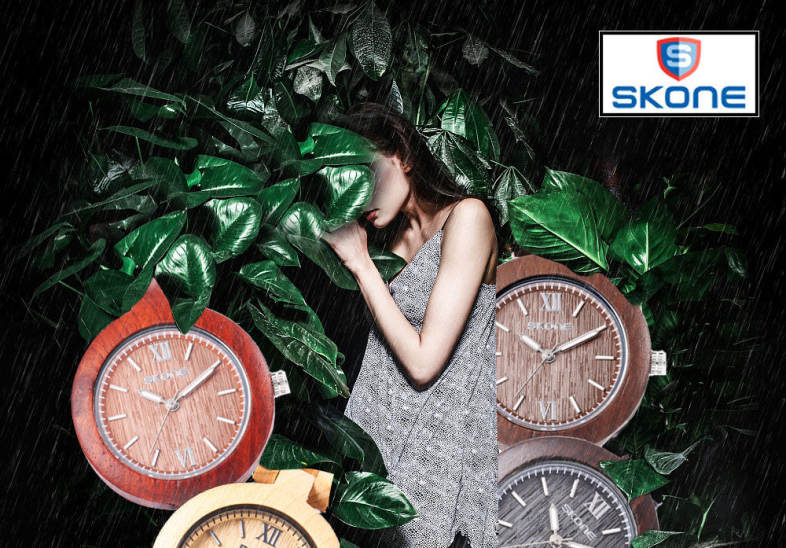 SKONE 7400 Women Quartz Watch Wooden Case Luminous Slender Band 3ATM Wristwatch