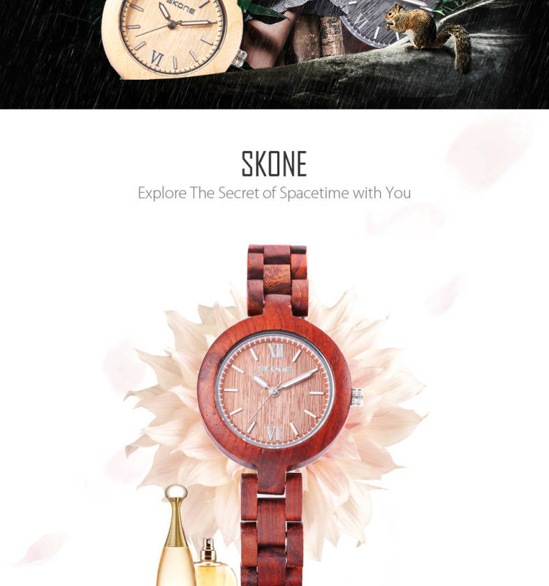 SKONE 7400 Women Quartz Watch Wooden Case Luminous Slender Band 3ATM Wristwatch