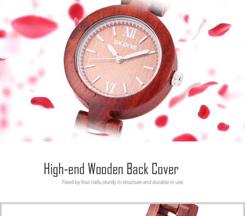 SKONE 7400 Women Quartz Watch Wooden Case Luminous Slender Band 3ATM Wristwatch