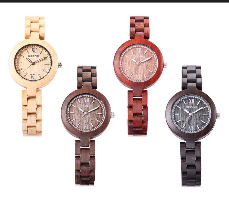 SKONE 7400 Women Quartz Watch Wooden Case Luminous Slender Band 3ATM Wristwatch