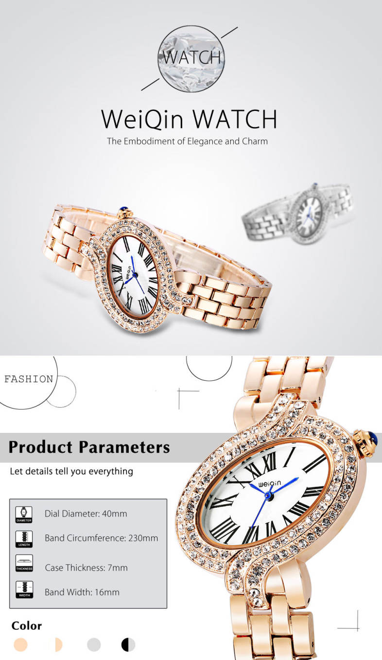 WeiQin W4687 Women Quartz Watch Crystal Dial Roman Numeral Scale Oval Shape Case Wristwatch