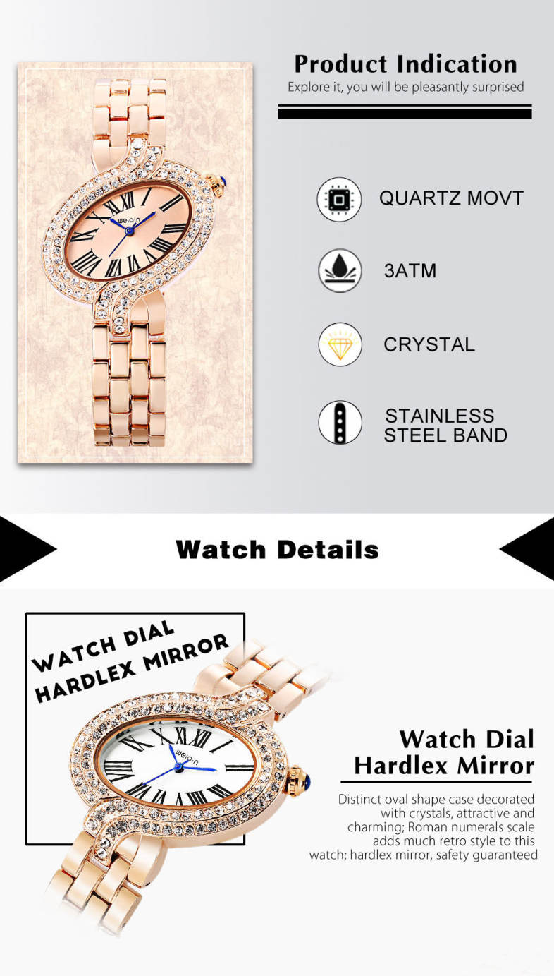 WeiQin W4687 Women Quartz Watch Crystal Dial Roman Numeral Scale Oval Shape Case Wristwatch