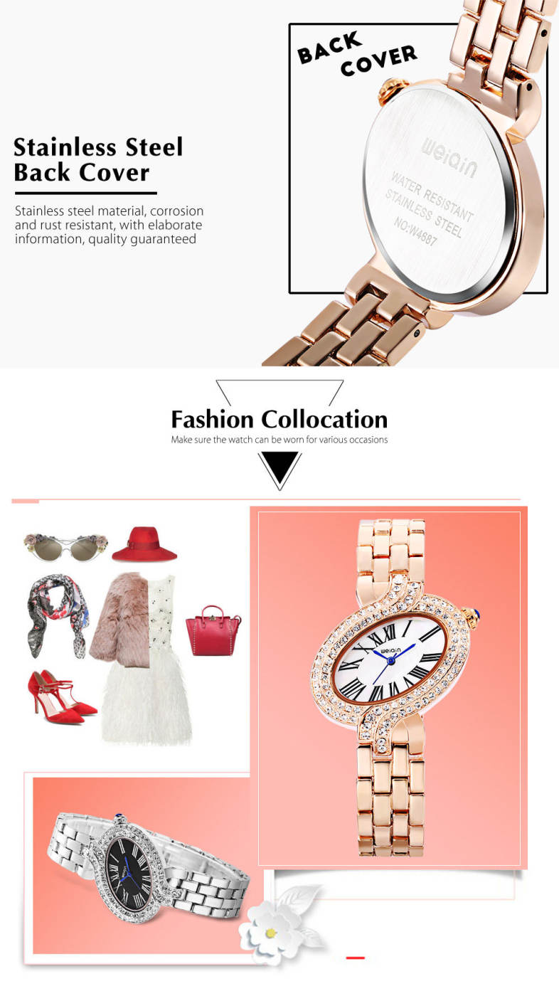 WeiQin W4687 Women Quartz Watch Crystal Dial Roman Numeral Scale Oval Shape Case Wristwatch