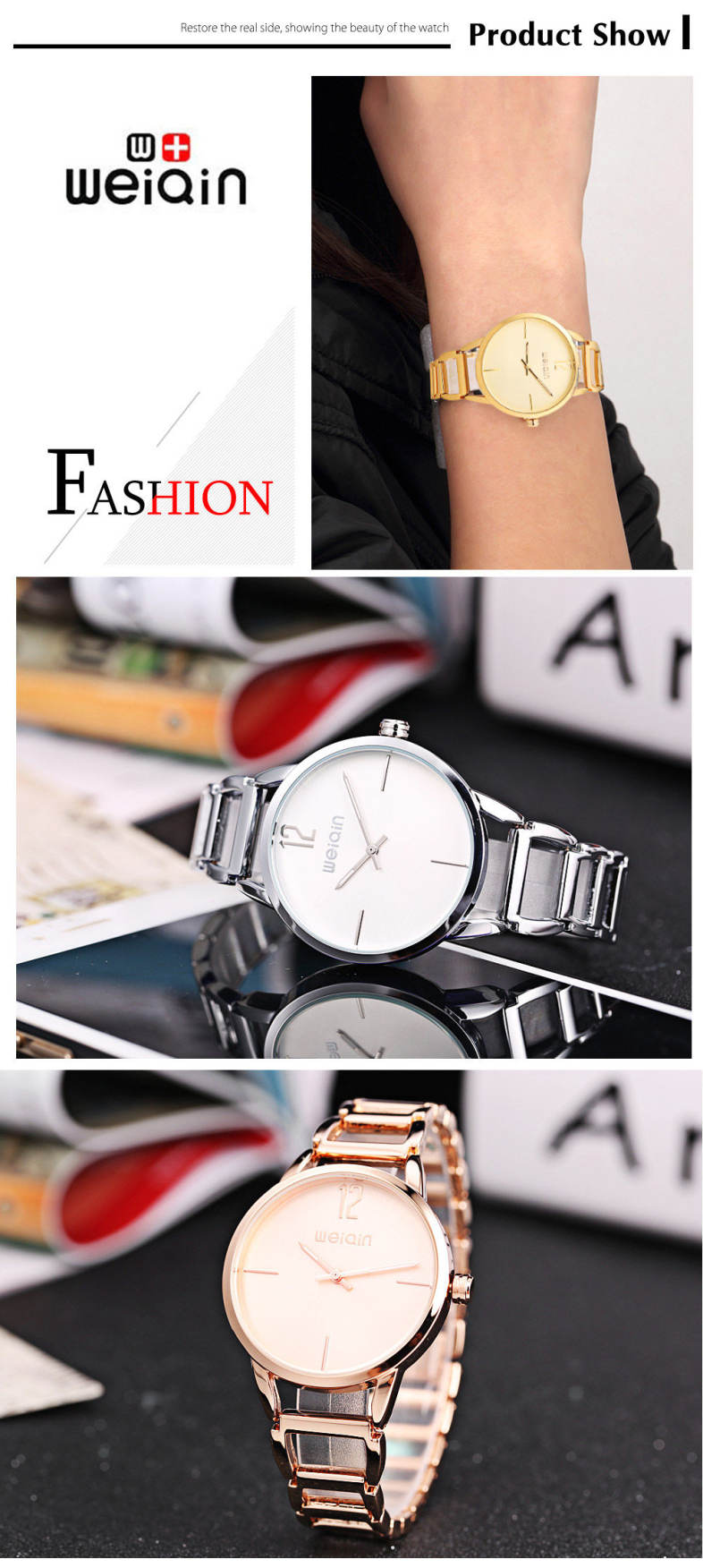 WeiQin W4830 Women Quartz Watch Luminous Pointer Hollow Stainless Steel Band 3ATM Wristwatch