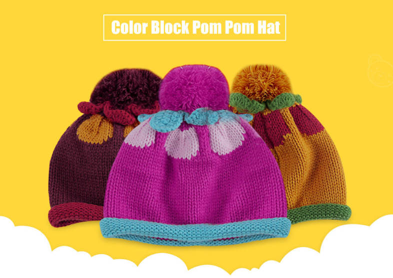 Color Block Knitted Babies Pom Pom Hat