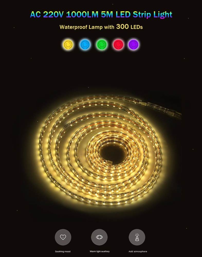 AC 220V 1000LM 5M LED Strip Light Waterproof Lamp with 300 LEDs