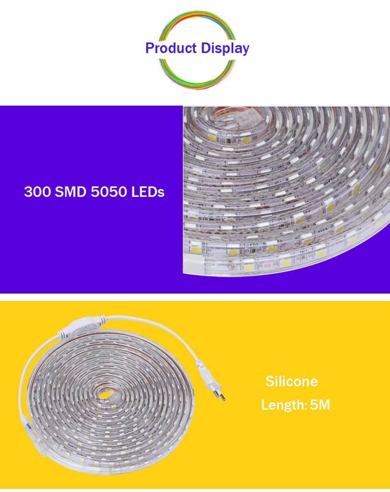 AC 220V 1000LM 5M LED Strip Light Waterproof Lamp with 300 LEDs