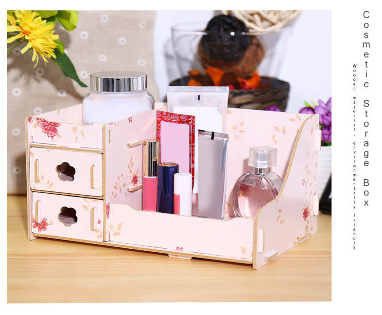 DIY Multifunctional Wooden Cosmetic Desktop Storage Box Make-up Organizer