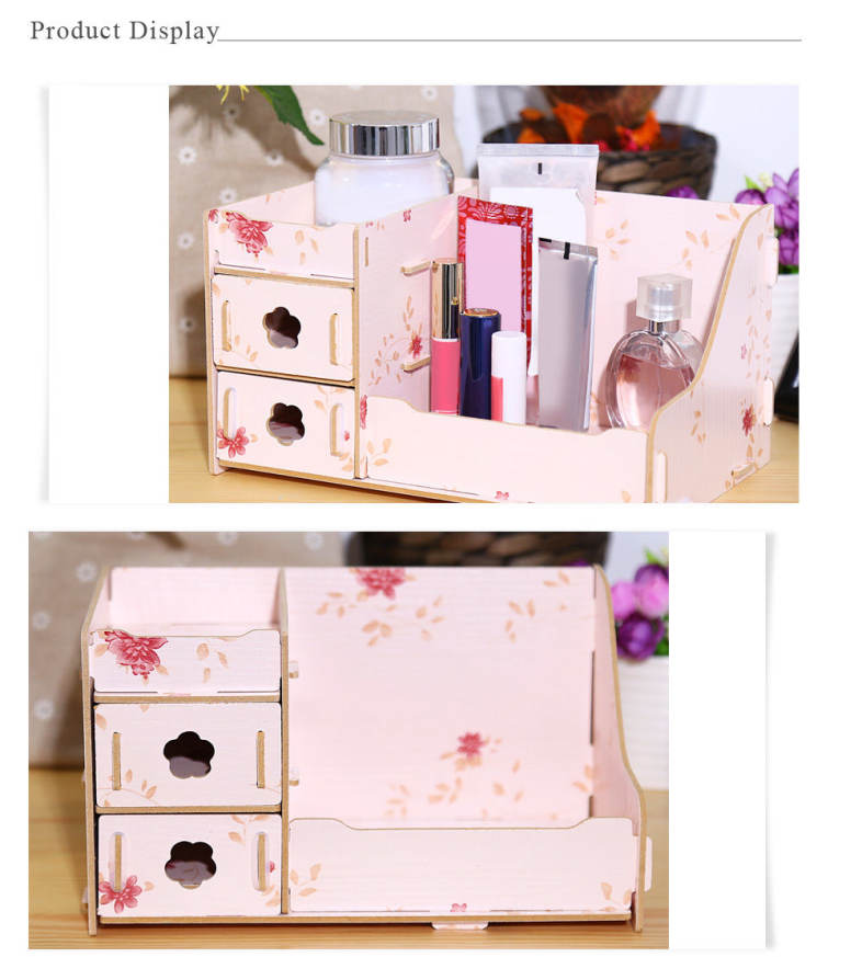 DIY Multifunctional Wooden Cosmetic Desktop Storage Box Make-up Organizer