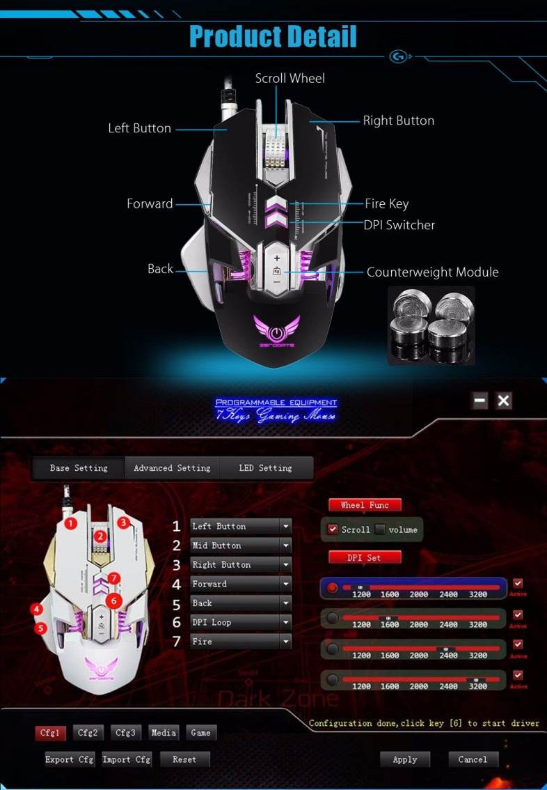 ZERODATE X300 Professional Optical Programmable Wired Gaming Mouse