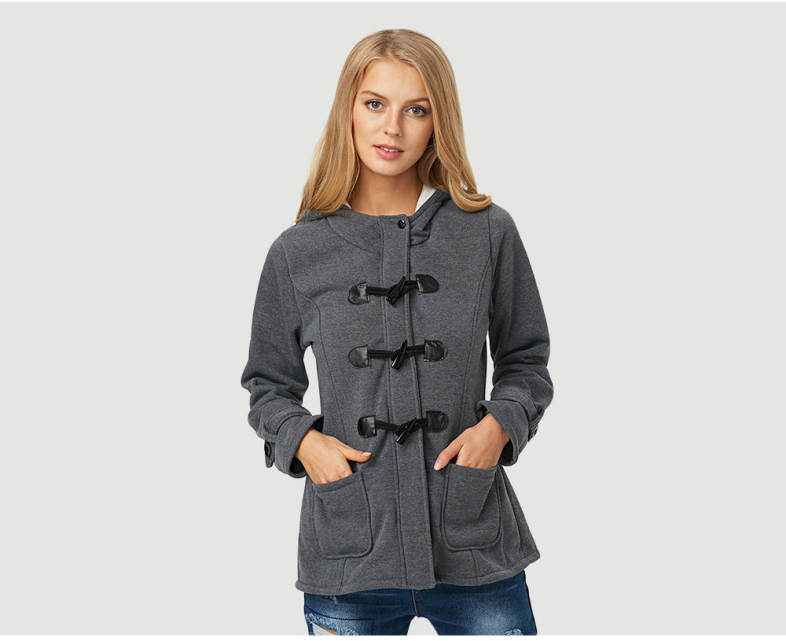 Trendy Hooded Long Sleeve Pure Color Button Design Pocket Decoration Women Coat