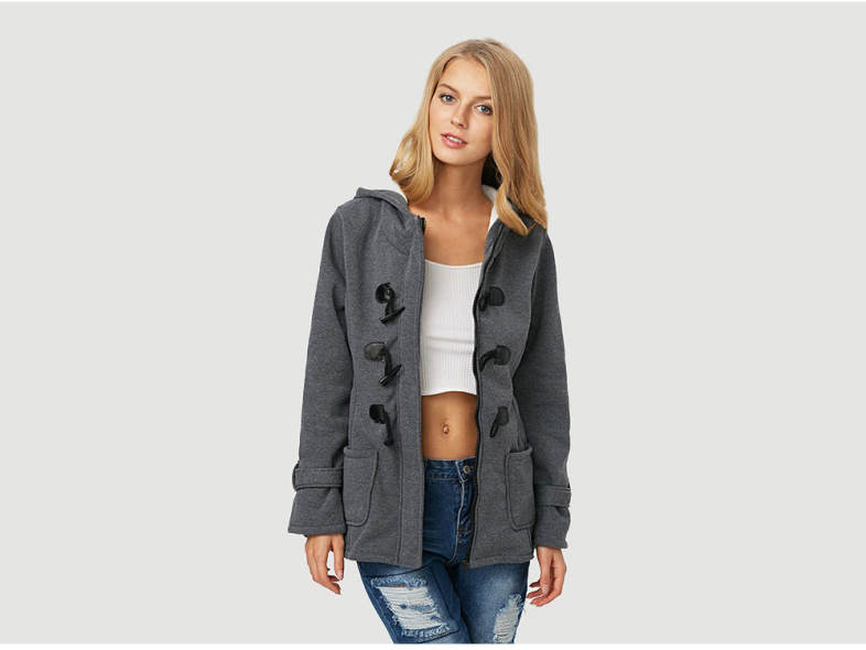 Trendy Hooded Long Sleeve Pure Color Button Design Pocket Decoration Women Coat