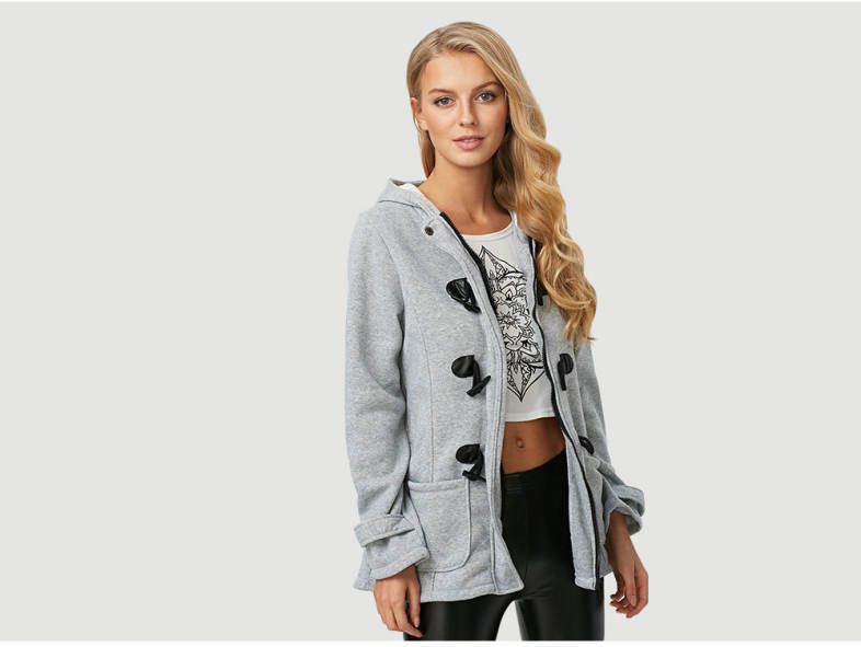 Trendy Hooded Long Sleeve Pure Color Button Design Pocket Decoration Women Coat