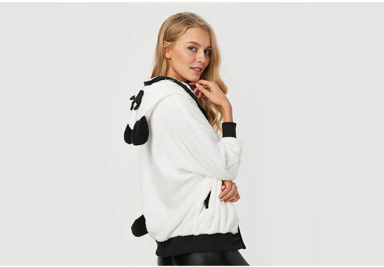 Casual Hooded Long Sleeve Panda Pattern Design Plush Women Coat