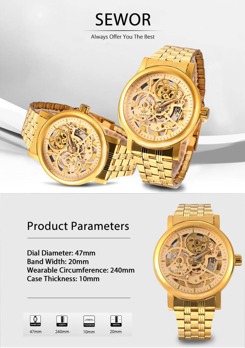 SEWOR SW085 Men Mechanical Hand Wind Watch Luminous Hollow Dial Stainless Steel Band Wristwatch