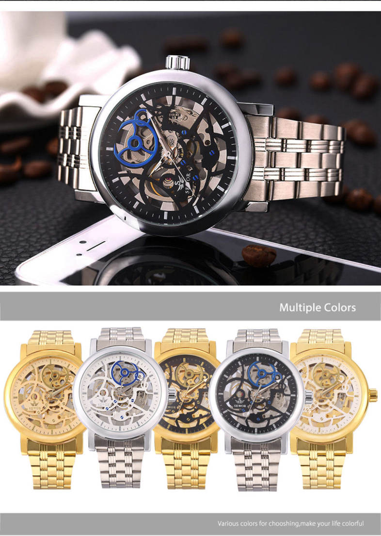 SEWOR SW085 Men Mechanical Hand Wind Watch Luminous Hollow Dial Stainless Steel Band Wristwatch