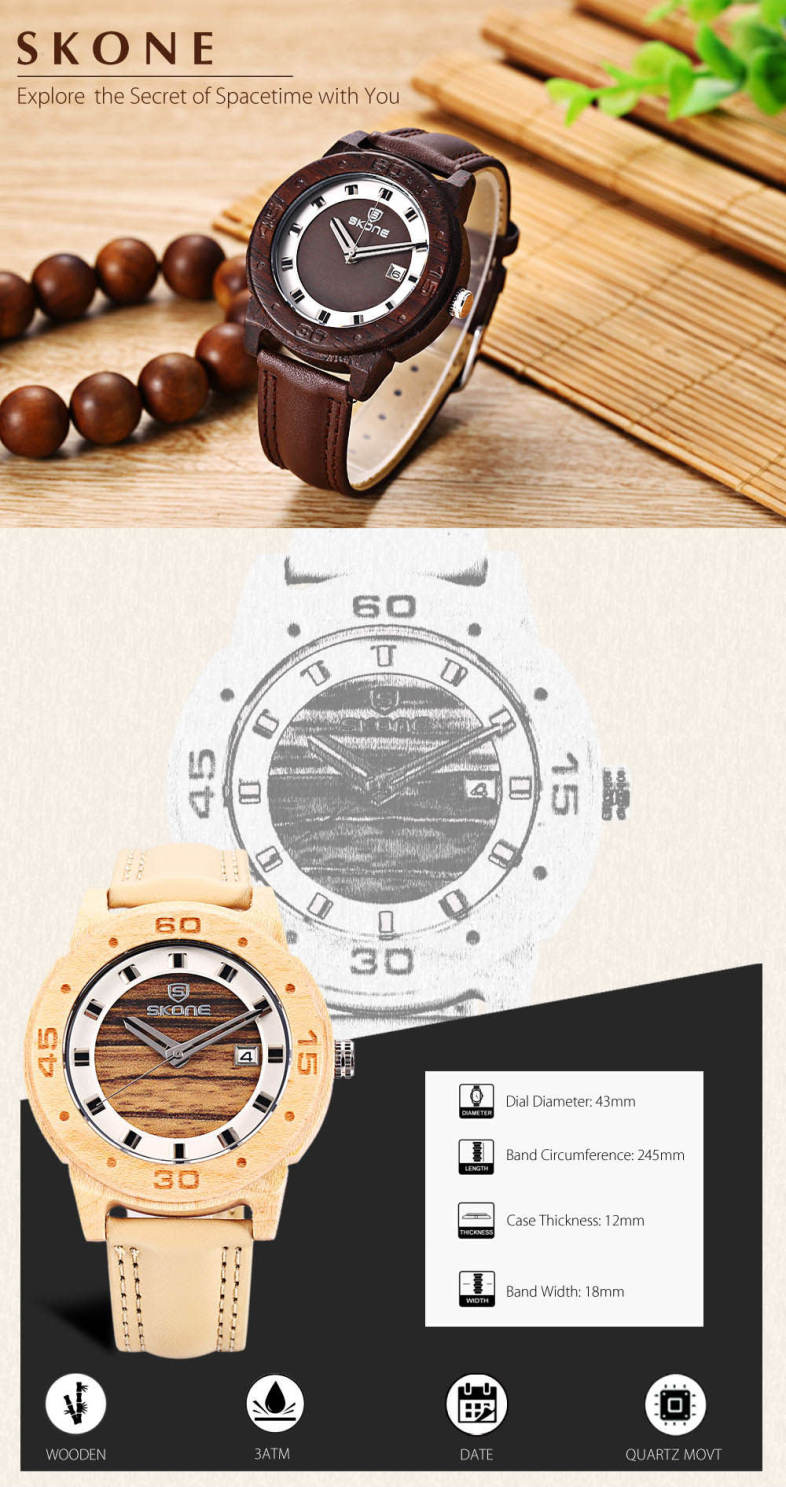 SKONE 9426B Men Quartz Watch Wooden Case Date Display Leather Band 3ATM Wristwatch