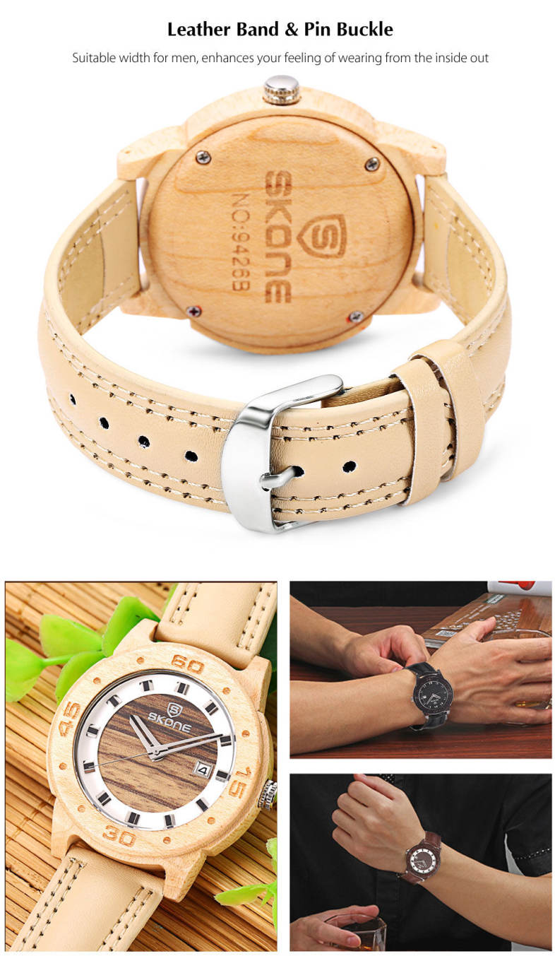 SKONE 9426B Men Quartz Watch Wooden Case Date Display Leather Band 3ATM Wristwatch