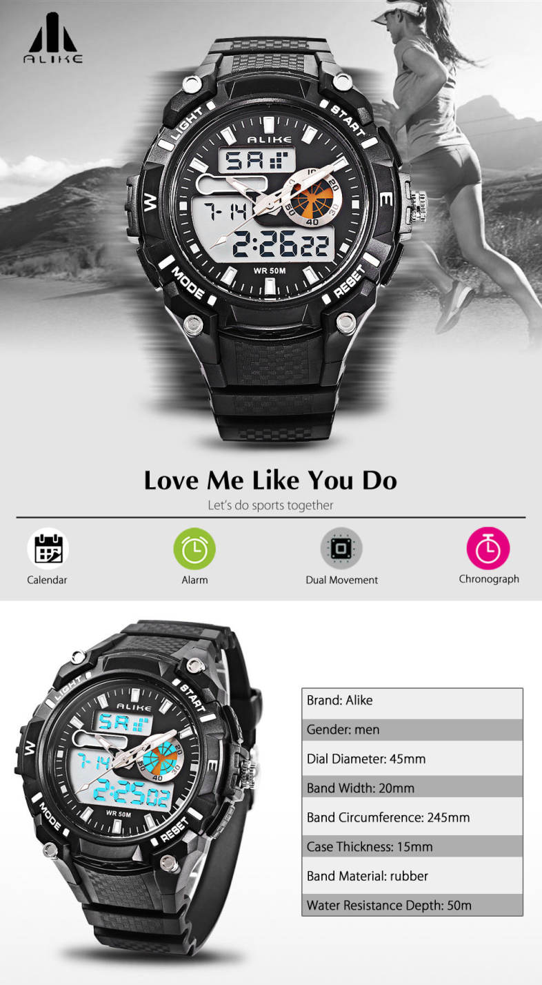 ALIKE AK14100 Male Dual Movt Sport Watch Chronograph 5ATM Outdoor Wristwatch