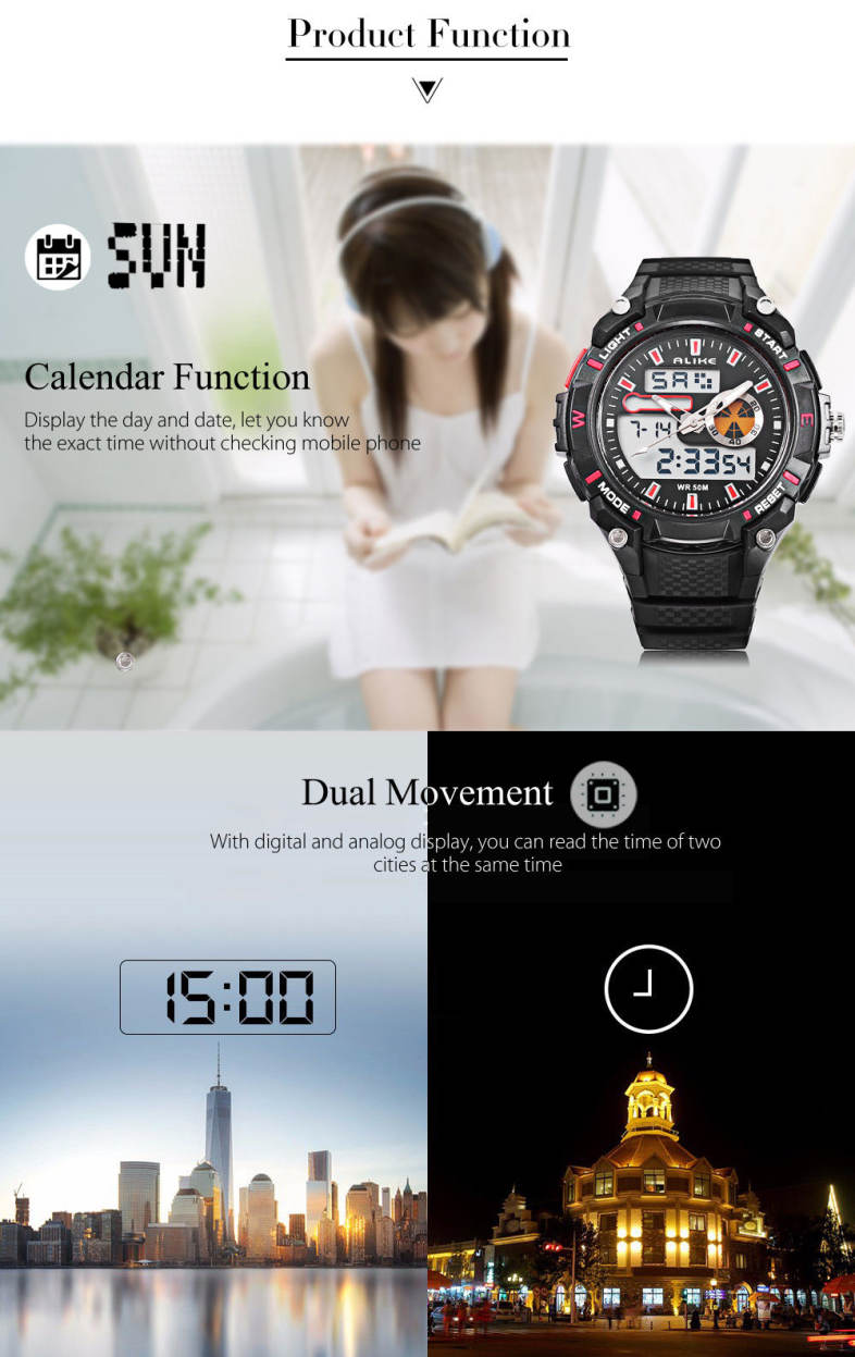 ALIKE AK14100 Male Dual Movt Sport Watch Chronograph 5ATM Outdoor Wristwatch