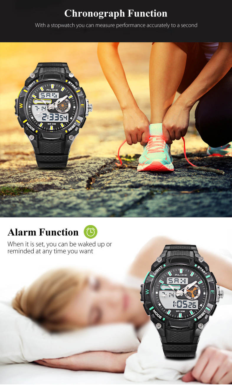 ALIKE AK14100 Male Dual Movt Sport Watch Chronograph 5ATM Outdoor Wristwatch