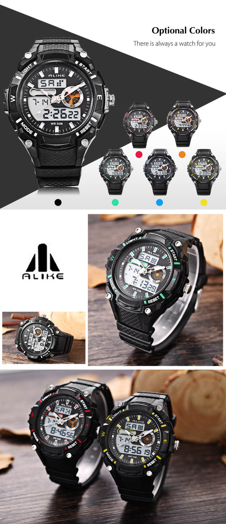 ALIKE AK14100 Male Dual Movt Sport Watch Chronograph 5ATM Outdoor Wristwatch