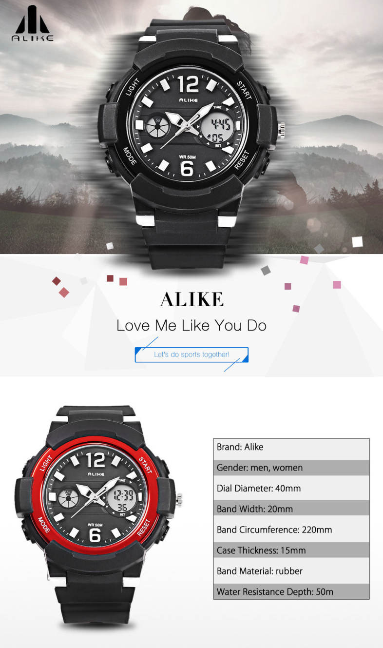 ALIKE AK16122 Unisex Quartz Digital Watch LED Alarm Stopwatch Sport Watch