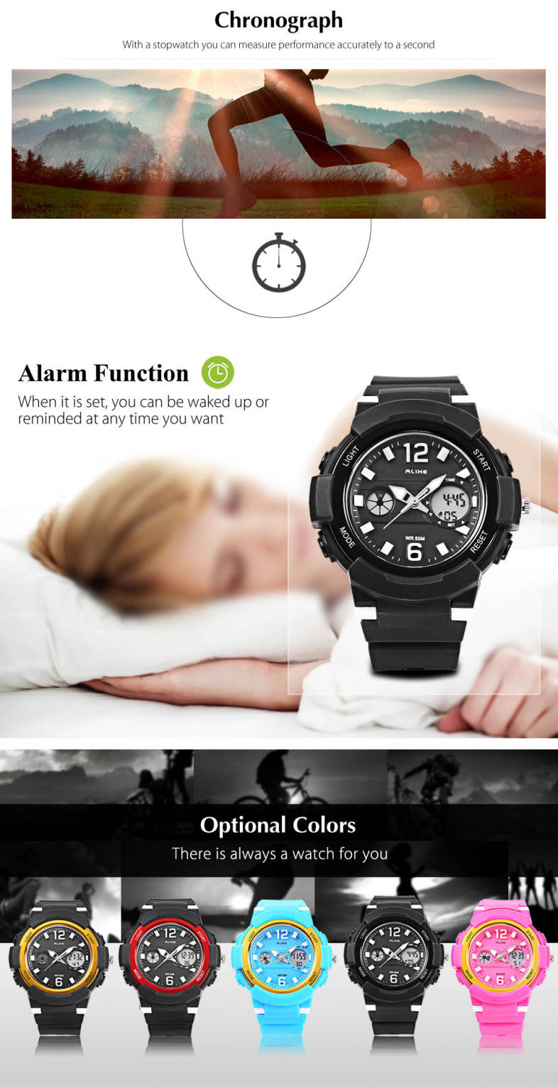 ALIKE AK16122 Unisex Quartz Digital Watch LED Alarm Stopwatch Sport Watch