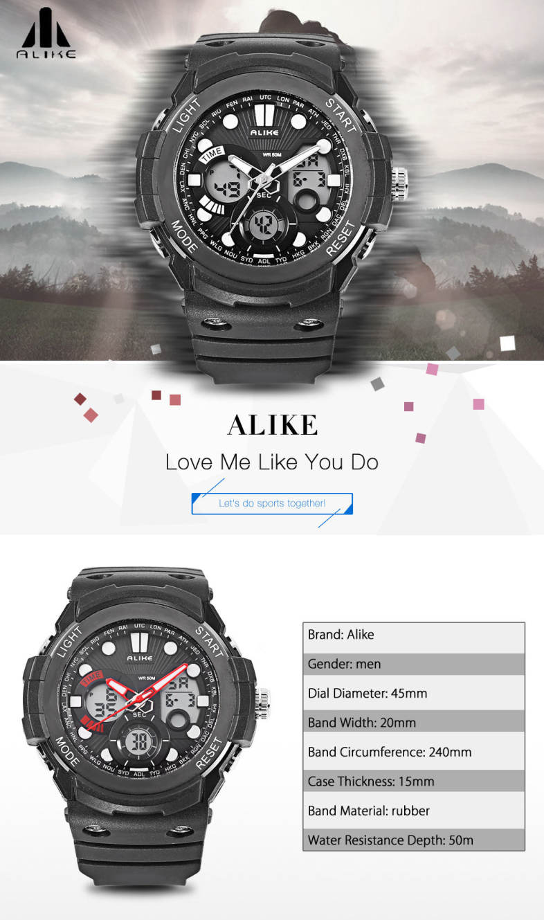 ALIKE AK16121 Dual Quartz Digital Men Watch LED Stopwatch 5ATM Sport Wristwatch