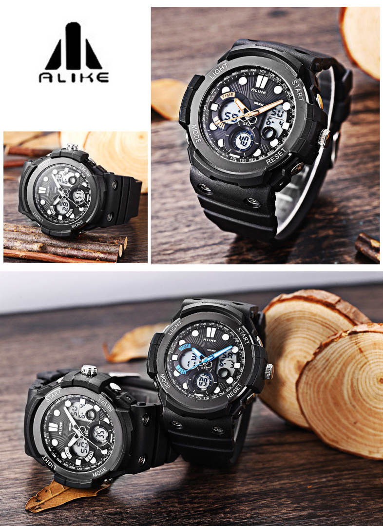 ALIKE AK16121 Dual Quartz Digital Men Watch LED Stopwatch 5ATM Sport Wristwatch