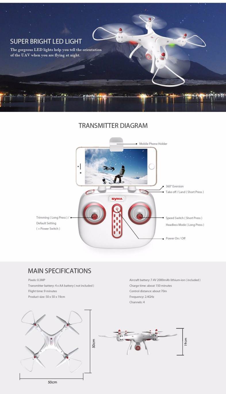 Syma X8SW RC Drone RTF WiFi FPV 0.3MP Camera / 2.4GHz 4CH 6-axis Gyro / Air Press Altitude Hold