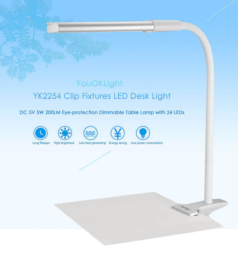 YouOKLight YK2254 DC 5V 5W 200LM Clip Fixtures LED Desk Light Eye-protection Dimmable Table Lamp with 24 LEDs