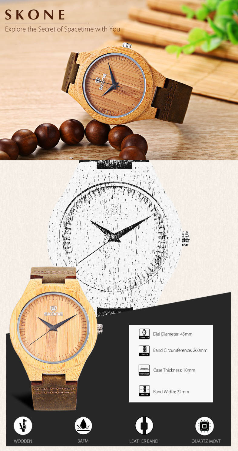 SKONE 9435G Men Quartz Watch Wooden Case Leather Band 3ATM Wristwatch