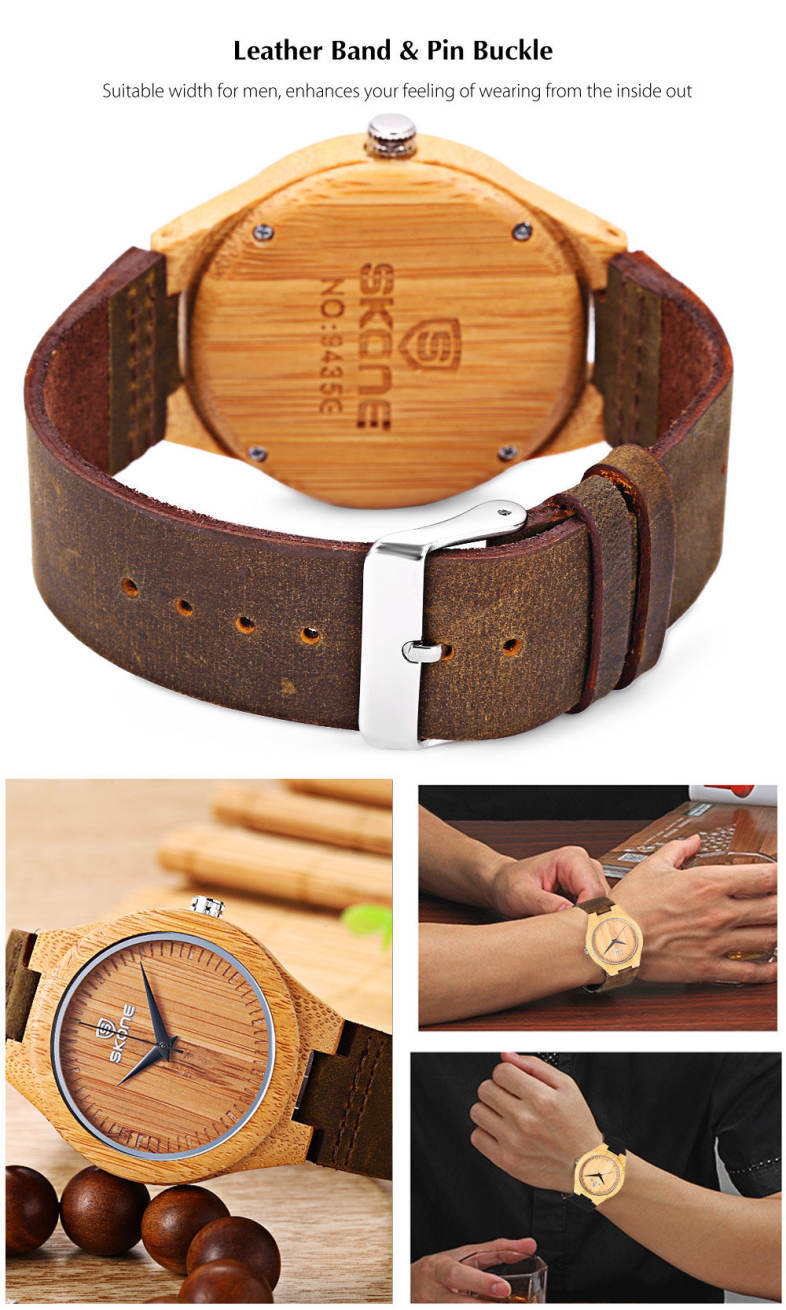 SKONE 9435G Men Quartz Watch Wooden Case Leather Band 3ATM Wristwatch