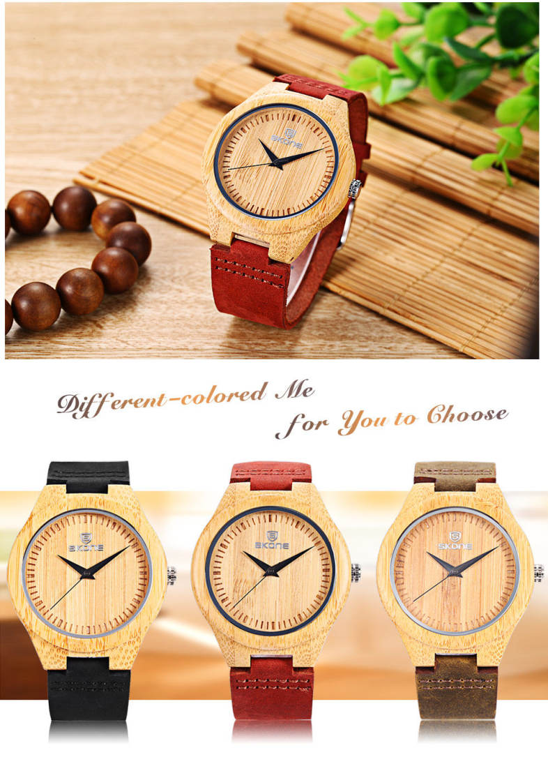 SKONE 9435G Men Quartz Watch Wooden Case Leather Band 3ATM Wristwatch