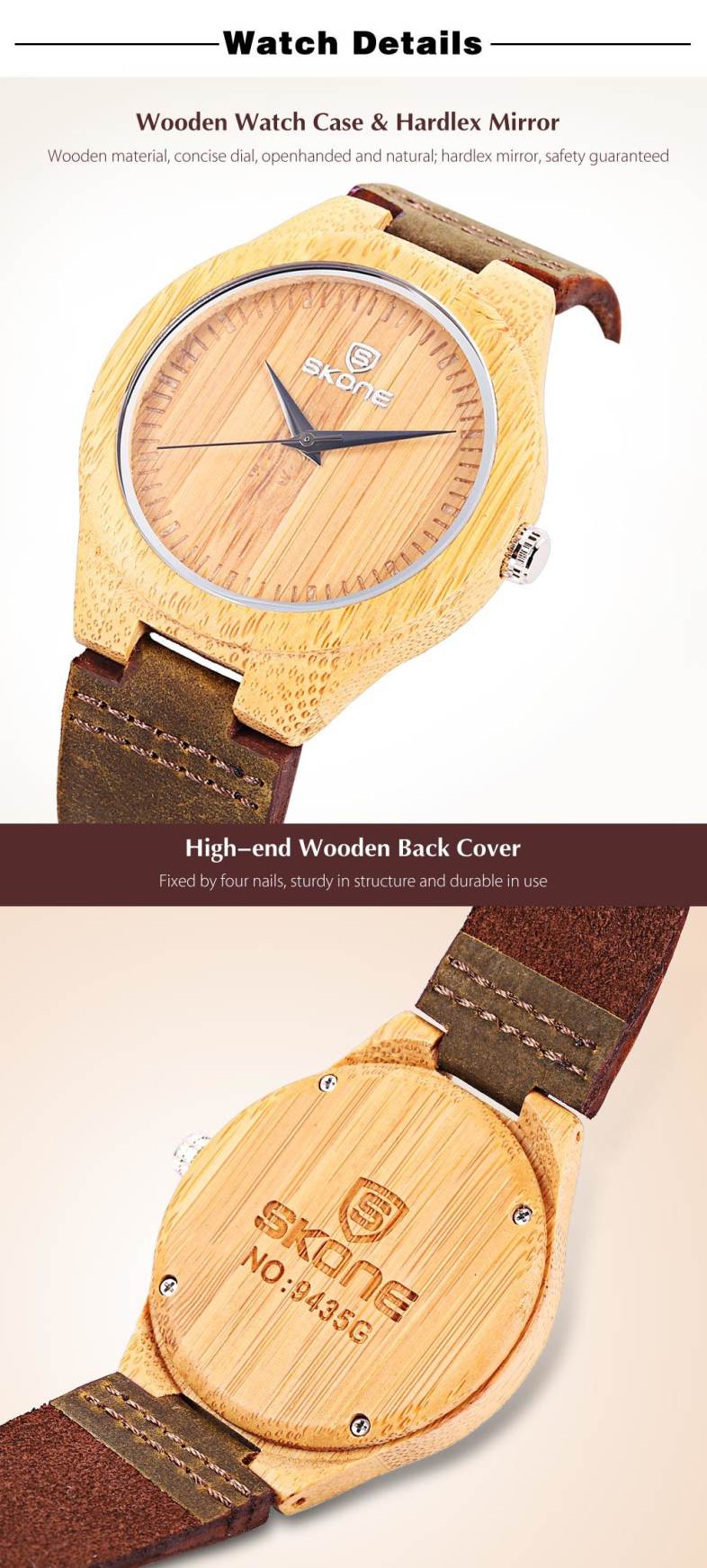 SKONE 9435G Men Quartz Watch Wooden Case Leather Band 3ATM Wristwatch