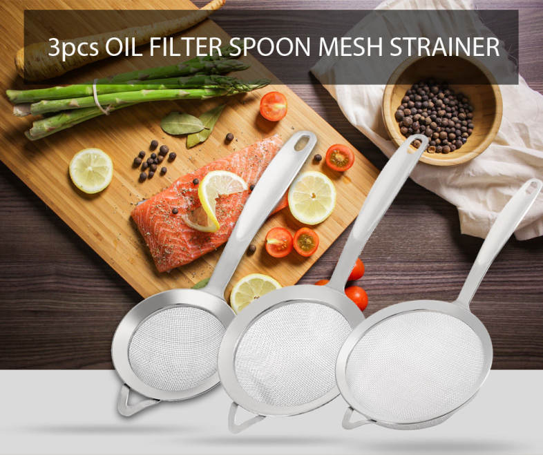 3pcs Stainless Steel Mesh Oil Filter Grease Fishing Spoon Kitchen Tool