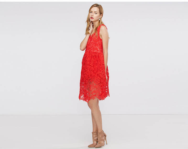 Elegant V-neck Sleeveless Pure Color Floral Decoration Women Dress