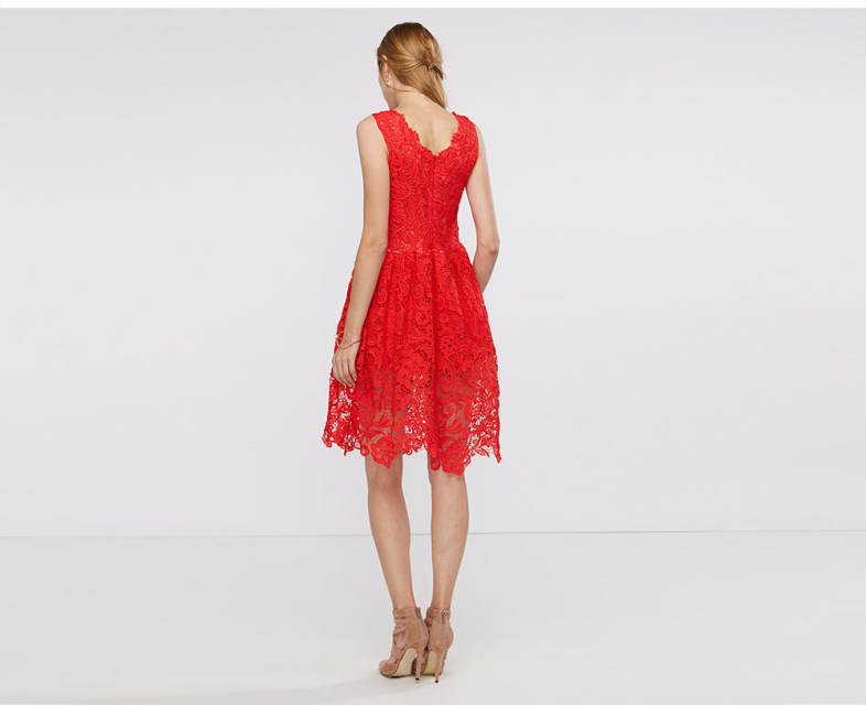 Elegant V-neck Sleeveless Pure Color Floral Decoration Women Dress