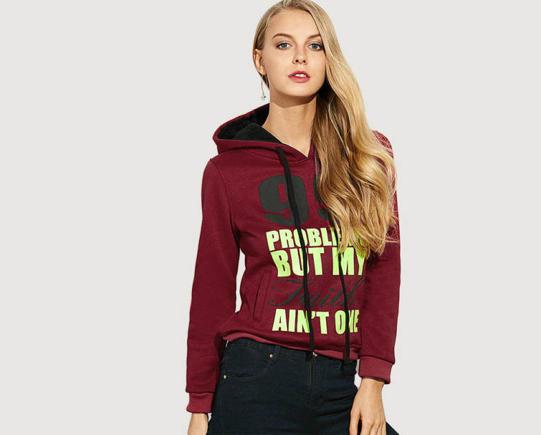Casual Hooded Long Sleeve Drawstring Letter Print Women Hoodie